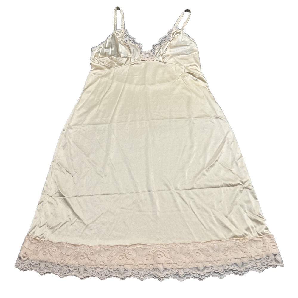 Vintage Beige Lace Slip Dress Satin Full Lingerie Coquette Bridal 50s L 36